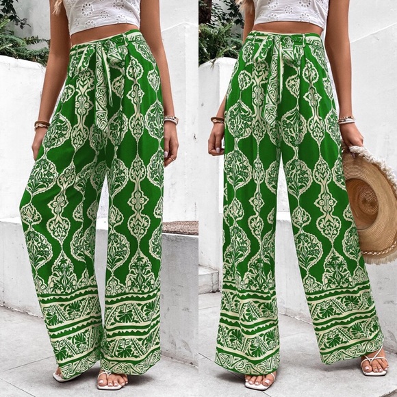 🌿 BOHO TALL GREEN HIGH WAIST WIDE LEG BELTED PANTS! - Picture 3 of 7